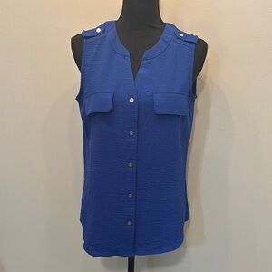 Adrienne Vittadini Women’s Size S Blue Sleeveless‎ Mandarin Collar Top Blouse